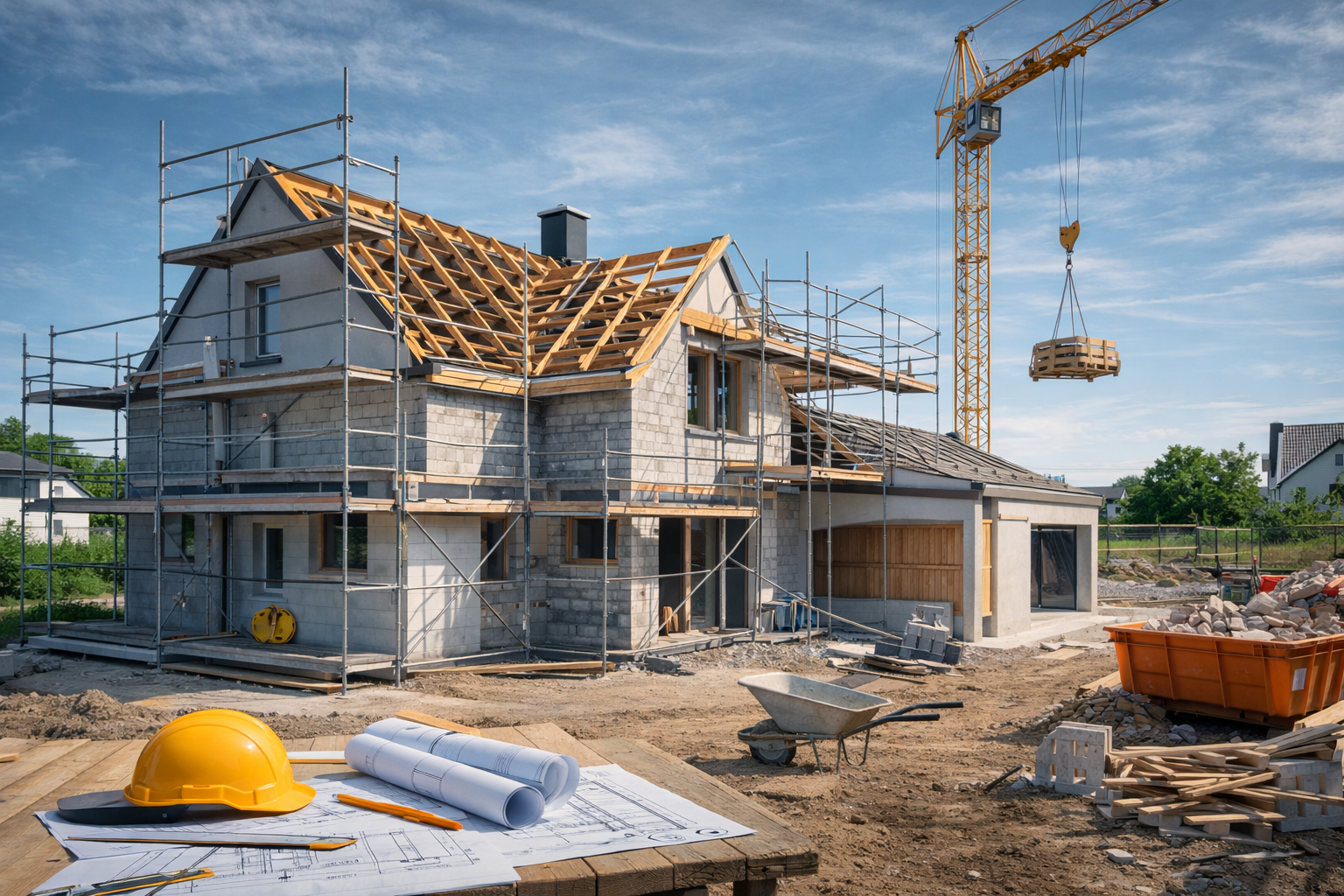 Maison en rénovation avec échafaudage et grue